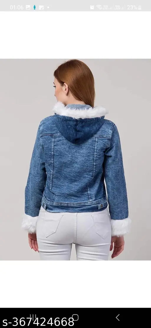 Blue denim full sleeves buttoned cropped jacket with collar sleeves fur trim - solid pattern, trendy women's casual wear