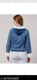 Blue denim full sleeves buttoned cropped jacket with collar sleeves fur trim - solid pattern, trendy women's casual wear