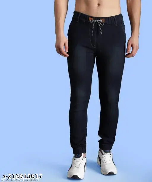 Zaysh navy blue solid denim men's jeans, branded comfort quality with sizes 28, 30, 32, 34, 36 on display