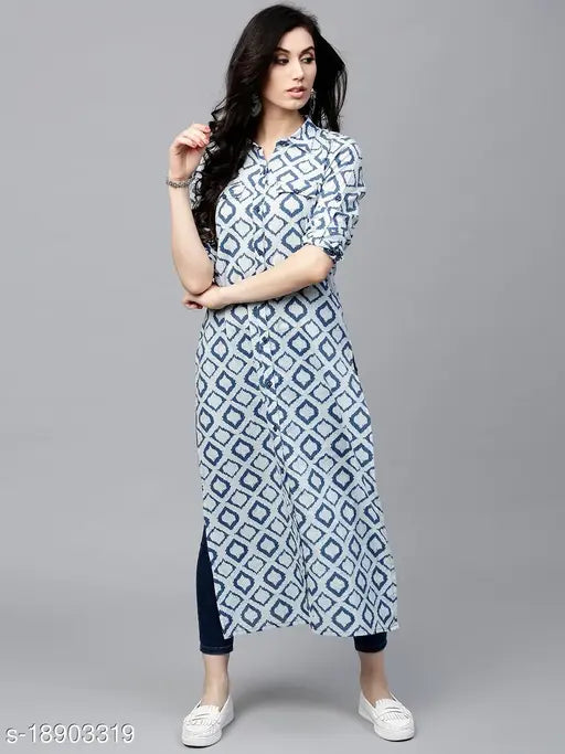 Navy and off-white printed cotton straight kurta for women, perfect for casual wear with a combo of solid and print design. Size S (bust size: 36in), made in India
