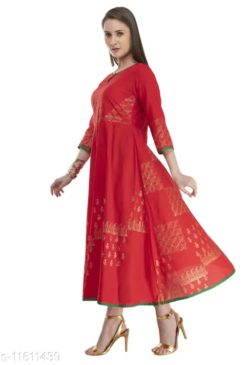 Red printed cotton anarkali kurti with embroidery, full-length