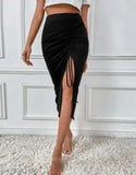 Trendy women's black cotton pencil skirt with slit side and frayed hem