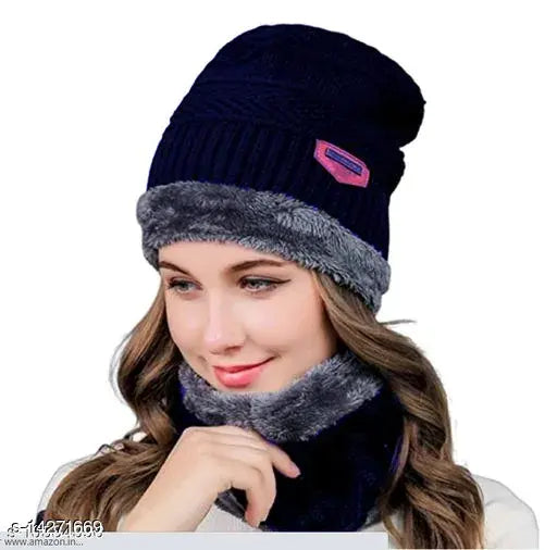 Black winter beanie with a fur trim, possibly cotton, in a studio portrait