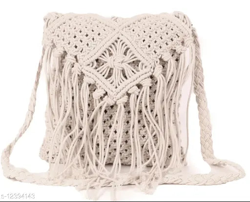 Trendy white slingbag, large size, rope tassel handles