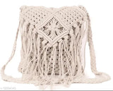 Trendy white slingbag, large size, rope tassel handles