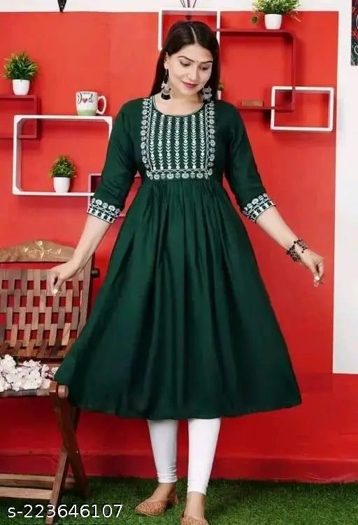 Long, embroidered rayon kurta with short sleeves for women's festive wear