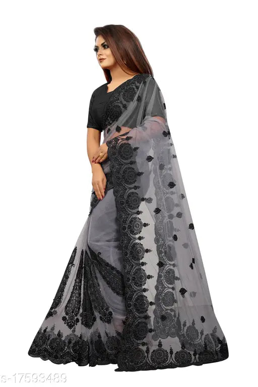 Indian free-size net saree with embroidered solid blouse, Charvi Drishya