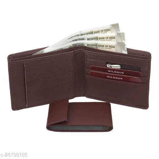 Brown artificial leather men's wallet by Wildauk, featuring 10 card slots, textured pattern, and 2 compartments. Includes 3 card slots, photo/card sleeves, cash pockets, a hidden pocket, and a coin pocket with chain closer. Free size (L: 11cm, W: 2cm), made in India