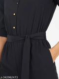 Black crepe jumpsuit by Pearl N Vera with button detailing and three-quarter sleeves, solid style from India