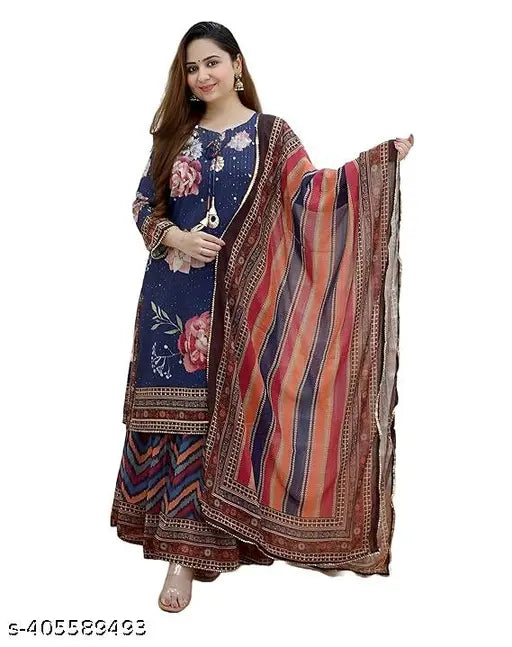 Women's printed embroidered kurta sharara set dupatta