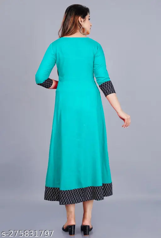 Aqua Blue Rayon Round Pleated Flared Kurti with Three-Quarter Sleeves, suitable for casual and formal occasions
