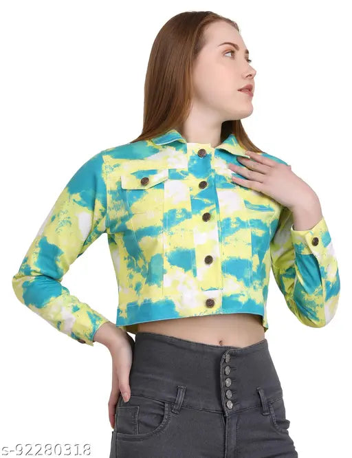 Printed cotton Women's denim jacket, long sleeves, size M (bust 38in, length 18in), made in India