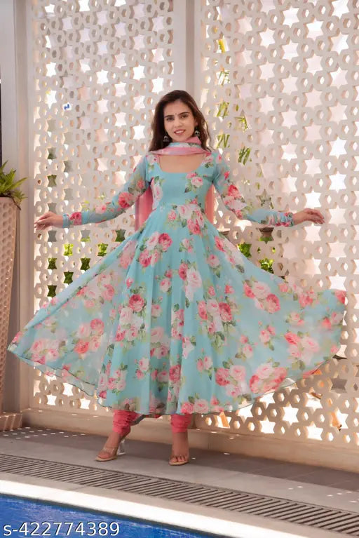 Georgette floral printed women's gown with dupatta, hand-washable Indian outfit for functions & daily wear