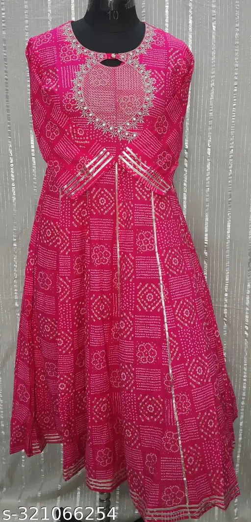 Pink bandej printed flared kurta with embroidery detail