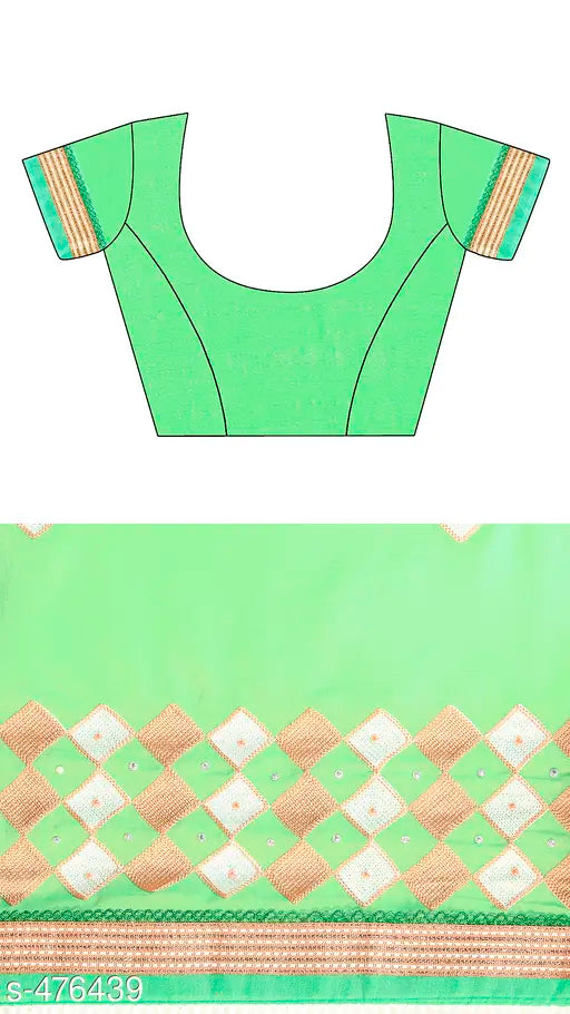 Green chiffon saree with embroidered patterns, free size, perfect for party, wedding, or festival wear, 5.5M long, running blouse made of cotton linen, 0.8M long, both in green color, origin from India