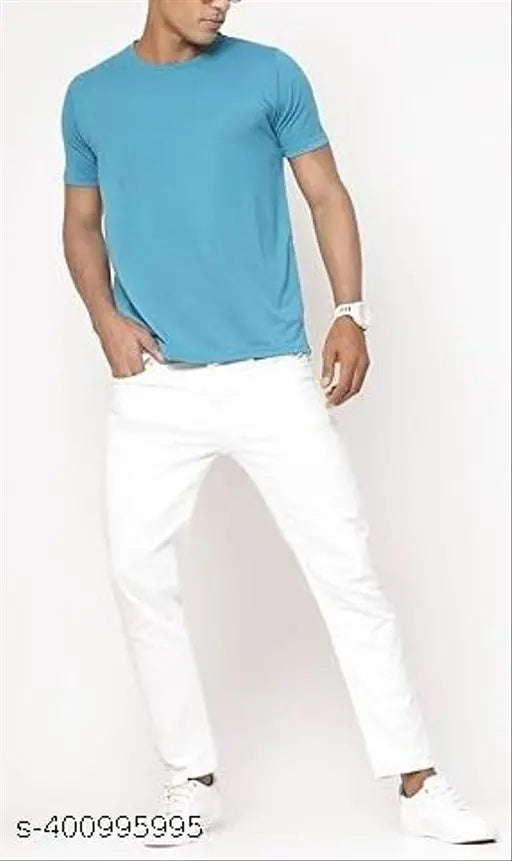 Cotton Blend SkyBlue short-sleeve T-Shirt, printed design on unisex round neck, perfect for Men's casual wear