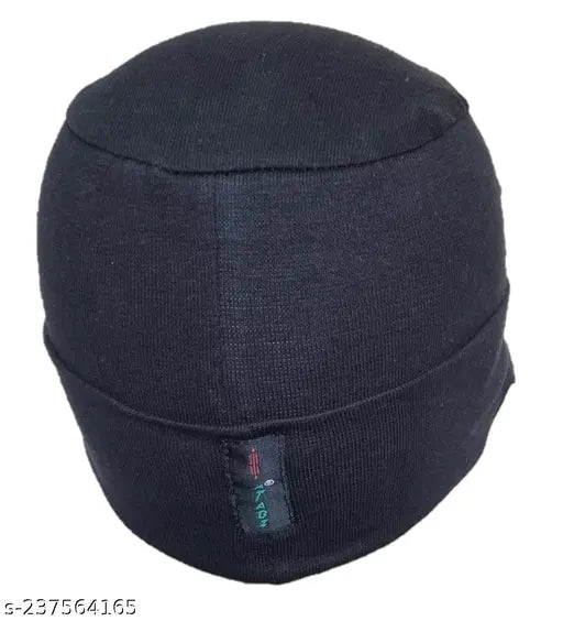 Black cotton beanie cap with full ear cover and visor, stretchy and breathable, unisex skull cap from India
