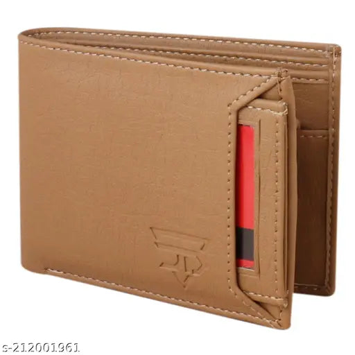 Brown faux leather men's bi-fold wallet, slim and stylish design for daily use, ample card and currency storage