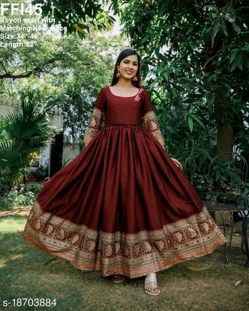 Red rayon long gown with puffy sleeves