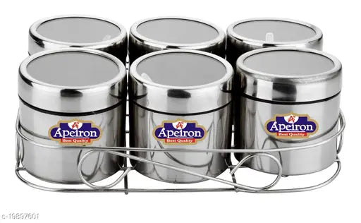 Set of six stainless steel airtight spice containers, each labeled with 'apéiron' and containing approximately 400ml of spices; suitable for masala dabba or dry fruit storage