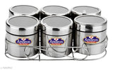 Set of six stainless steel airtight spice containers, each labeled with 'apéiron' and containing approximately 400ml of spices; suitable for masala dabba or dry fruit storage