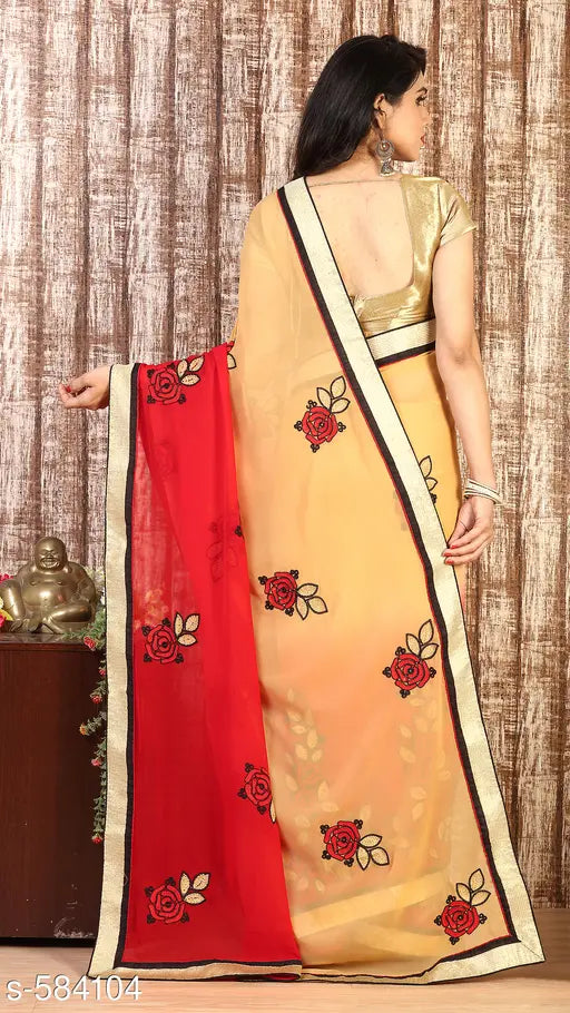 Golden, red and beige embroidered georgette saree