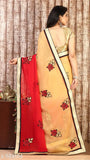 Golden, red and beige embroidered georgette saree