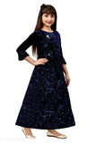 Blue silk frock for girls - embellished net dress with three-quarter sleeves, single size 3-4, 4-5, or 5-6 years old - Indian origin