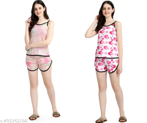 Printed silk night dress for women, polyester, sleeveless spaghetti top and short shorts, sexy and hot design, India origin