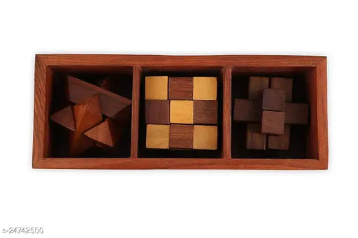 Handmade wooden 3D puzzle game - soma cube, snake cube, interlock block for kids. Indian sheesham wood desk decor with storage tray