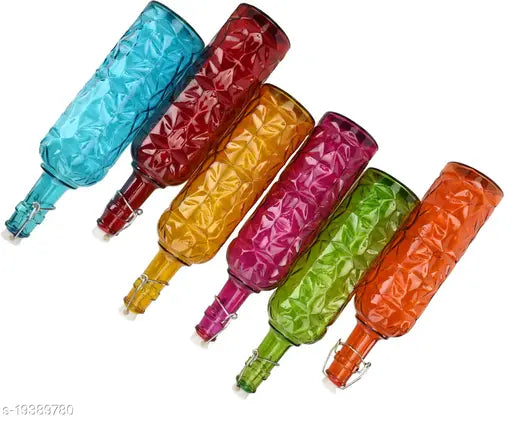1st Time Colorful Glass Water Bottles For Storage, Airtight, 1000 Ml Each, Pack Of 6