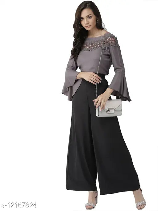 Charcoal grey viscose rayon top, solid design with three-quarter sleeves for women's fashion, India-made, XS-XXL sizes available