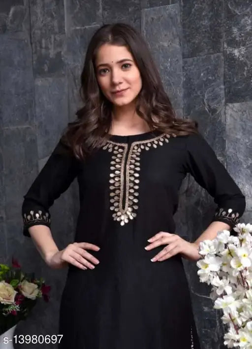 Demirner black rayon kurta-skirt ethnic set, three-quarter sleeves, solid pattern, Indian origin