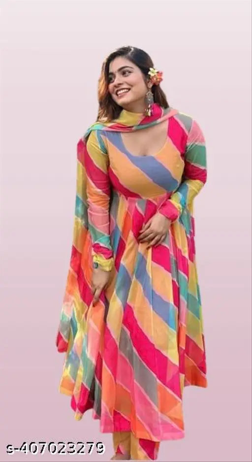 Trendy glamorous georgette gown with long sleeves, vibrant dyed/washed net pattern for parties. Sizes: S (34in bust, 53in length), M (36in bust, 53in length), L (38in bust, 54in length), XL (40in bust, 54in length), XXL (42in bust, 55in length). India origin