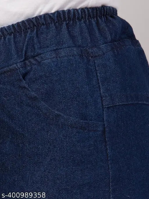 Dark blue, high-waisted, stretchable premium denim jeans with a relaxed fit and cargo pockets