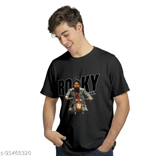 Cotton KGF T-shirt, printed net design with short sleeves, available in sizes S to XXL, made in India