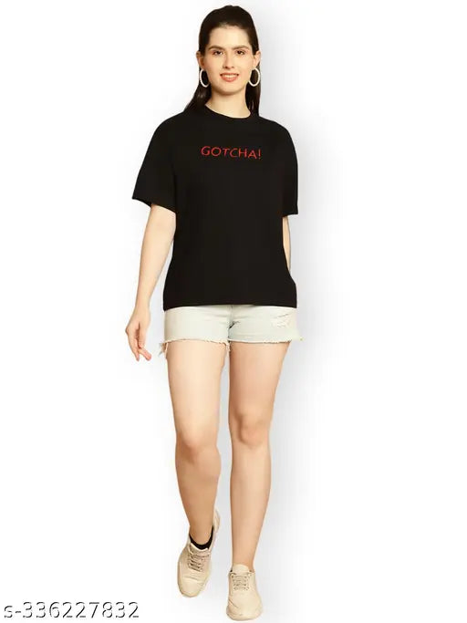Oversized printed black women's short sleeve t-shirt