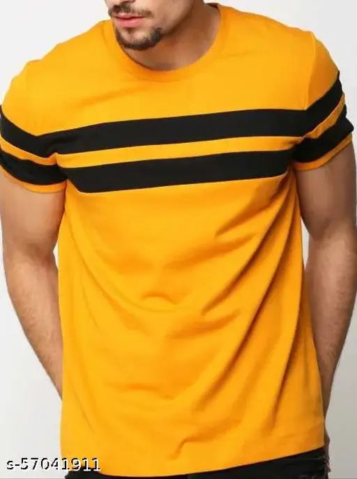 Striped cotton-linen men's t-shirt, mustard and black patti design, XL size (chest 40in, length 28in), Indian origin