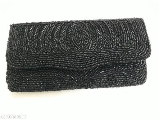 Black beaded clutch with chain shoulder strap