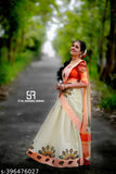 Kerala Style printed Dhavani Set, poly silk topwear, tissue dupatta & skirt set, golden tissue mural print semi-stitched Lehenga (44in/45in)