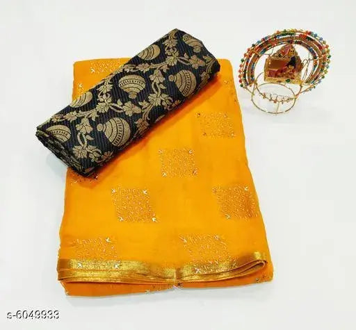 Trendy women's printed chiffon saree with separate jacquard blouse, vibrant Indian fabric design