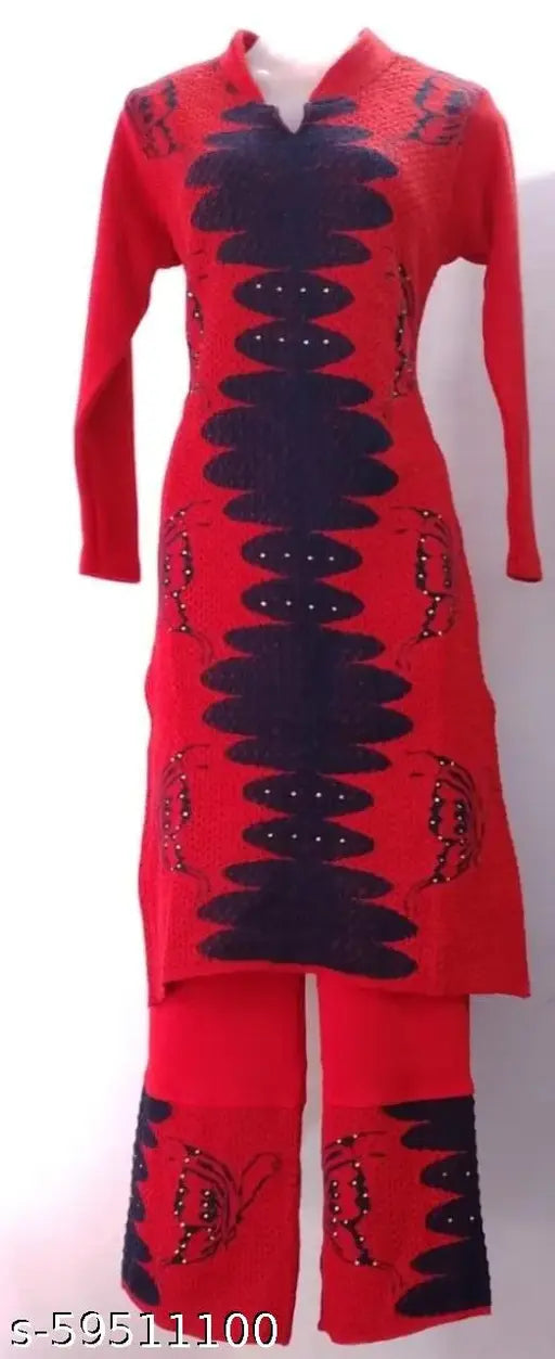 Red woolen A-line printed kurta with palazzo, free size, Indian handcrafted women's clothing