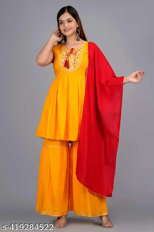 Yellow rayon women's kurta with sharara and dupatta sets in red color