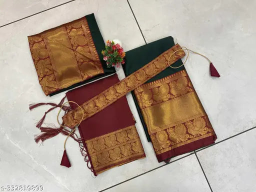 Litchi Silk, zari-woven South Indian half saree for kids in free size, unstitched with 2.4m dupatta, tassels and belt included, made in India