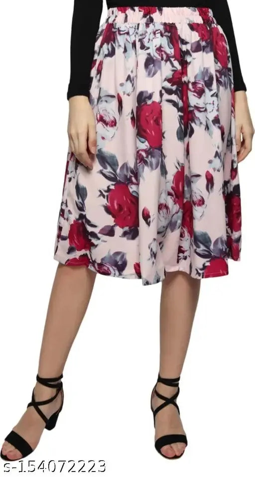 Pink floral patterned midi skirt with black lace trim