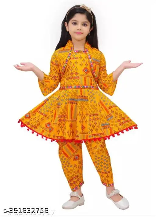 Rayon ethnic kurta set for girls wedding season, traditional Indian clothing with dhoti pants and printed three-quarter sleeves, size range from 3-6 months to 10-11 years