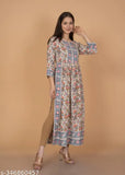 Rayon printed three-quarter sleeve Nyra cut kurti, vibrant combo. Indian ethnic fashion on model