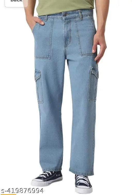 Mens oversized light blue cargo jeans with six pockets, denim fabric for men's fashion, solid net quantity 1, size 28/30/32 (waist 28in, 30in, 32in; length & hip sizes provided in description), made in India