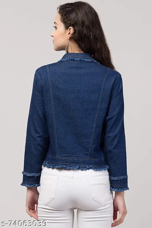 Stylish solid denim jacket for women, long sleeve, size S (34in bust, 21in length), made in India