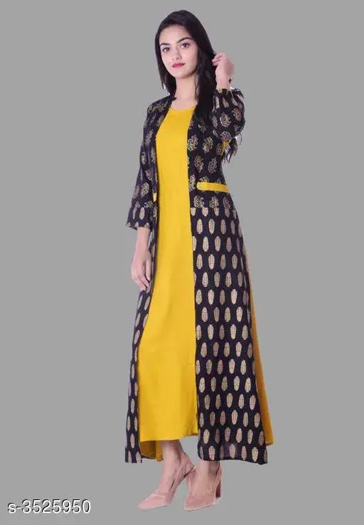 Solid yellow rayon kurta jacket for women, vibrant and stylish Indian clothing in various sizes
